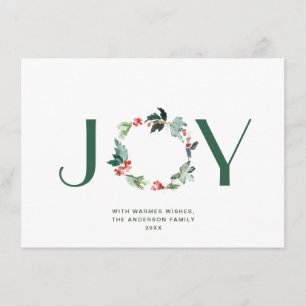 JOY Festive Holly Berry Wreath Christmas Greeting  Holiday Card