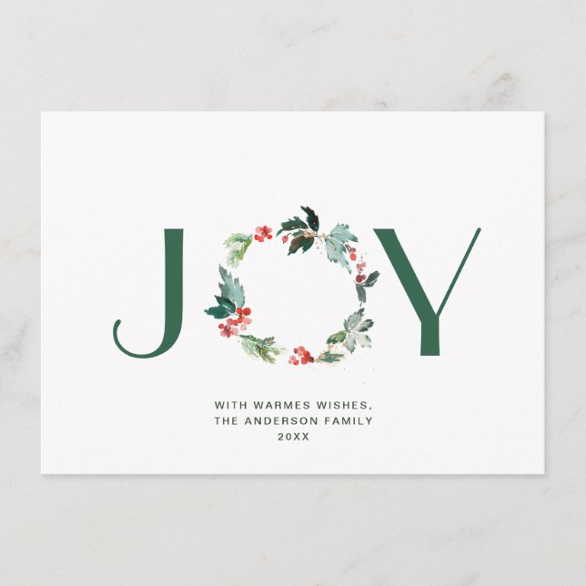 JOY Festive Holly Berry Wreath Christmas Greeting  Holiday Card (Front)