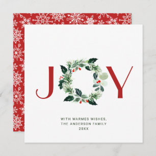 JOY Festive Holly Berry Wreath Christmas Greeting Holiday Card