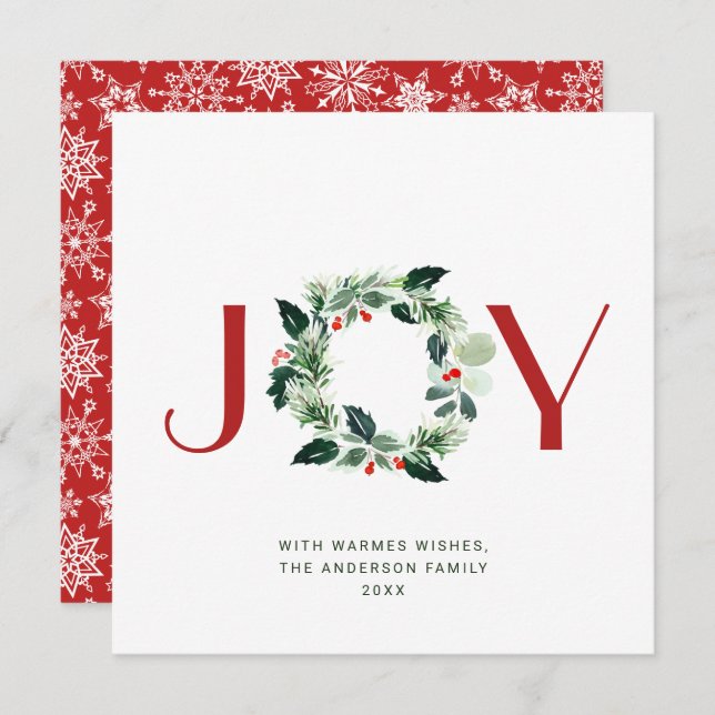 JOY Festive Holly Berry Wreath Christmas Greeting Holiday Card (Front/Back)