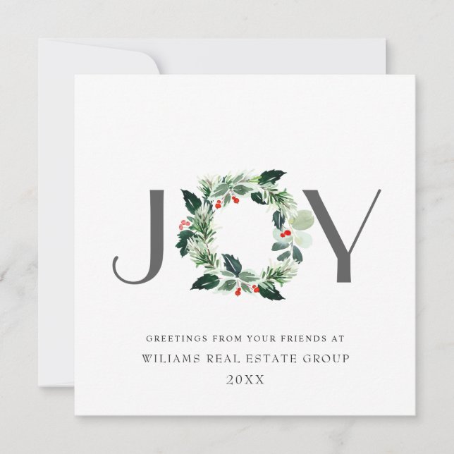 JOY Festive Holly Berry Wreath Christmas Greeting  Holiday Card (Front)