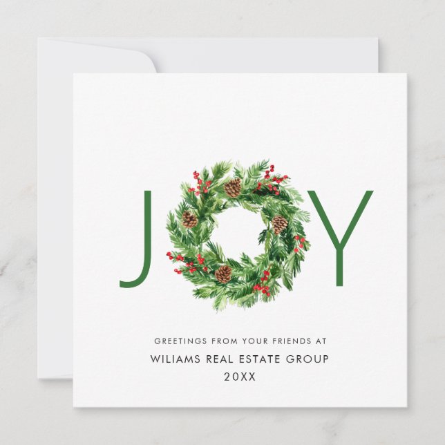 JOY Festive Holly Berry Wreath Christmas Greeting Holiday Card (Front)