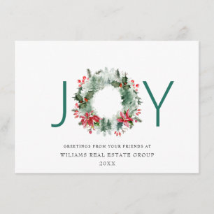 JOY Festive Holly Berry Wreath Christmas Greeting Holiday Card