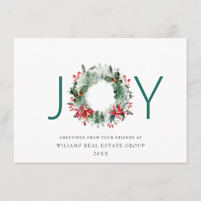 JOY Festive Holly Berry Wreath Christmas Greeting Holiday Card (Front)