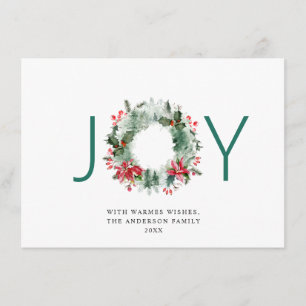 JOY Festive Holly Berry Wreath Christmas Greeting Holiday Card