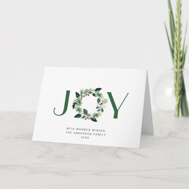 JOY Festive Holly Berry Wreath Christmas Greeting Holiday Card (Front)