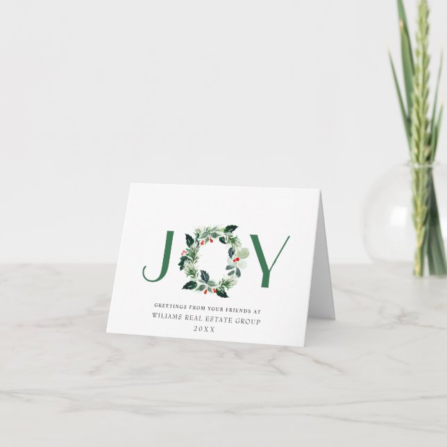 JOY Festive Holly Berry Wreath Christmas Greeting Holiday Card (Front)