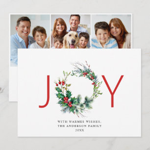 JOY Festive Holly Berry Wreath Christmas Greeting Holiday Card