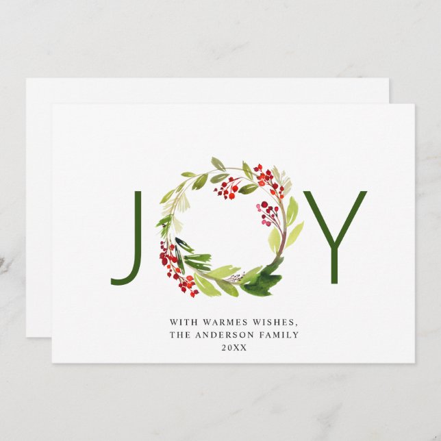JOY Festive Holly Berry Wreath Christmas Greeting Holiday Card (Front/Back)