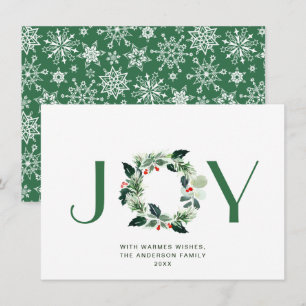 JOY Festive Holly Berry Wreath Christmas Greeting Holiday Card