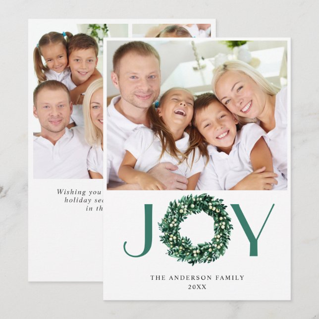 JOY Festive Holly Wreath Christmas PHOTO Greeting Holiday Card (Front/Back)