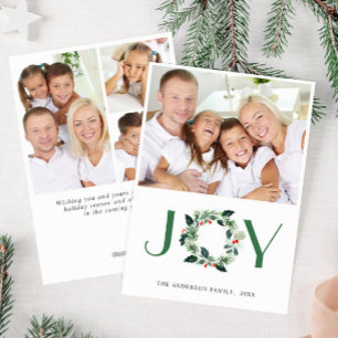 JOY Festive Holly Wreath Christmas PHOTO Greeting Holiday Card