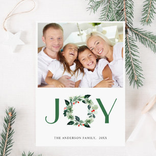 JOY Festive Holly Wreath Christmas PHOTO Greeting Holiday Card