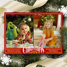 JOY Festive Red Gold Script Simple Photo Christmas