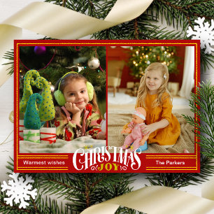JOY Festive Red Gold Script Simple Photo Christmas Holiday Card