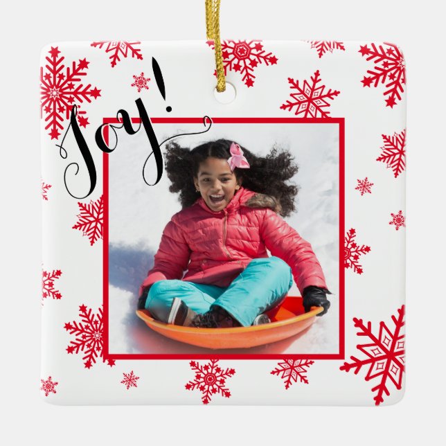 Joy! Festive Red Snowflakes Christmas Photo Frame Ceramic Ornament (Front)