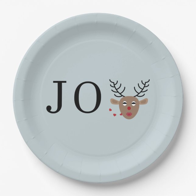 Joy Festive Reindeer Christmas Party Dusty Blue Paper Plate (Front)