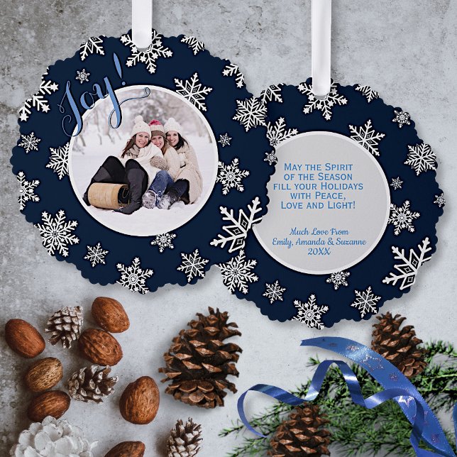 Joy! Festive Snowflakes on Navy Blue Holiday Photo Tree Decoration Card (Front/Back with Decorations)