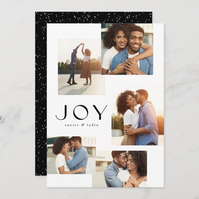 Joy five photo collage black and white Christmas Holiday Card (Front/Back)