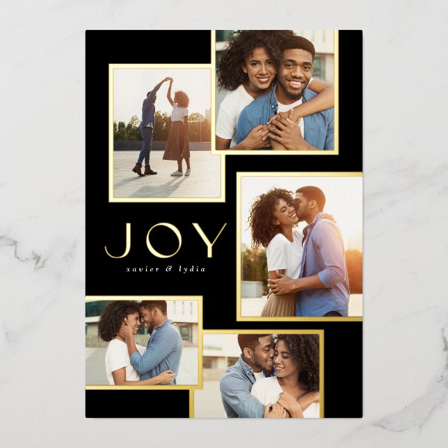 Joy five photo collage gold frames Christmas Foil Holiday Card (Front)