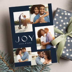 Joy five photo collage modern navy Christmas Holiday Card