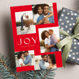 Joy five photo collage modern red Christmas Holiday Card