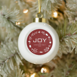 Joy Floral Christmas Wreath Family Custom Name Ceramic Ball Christmas Ornament