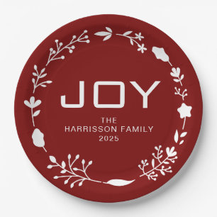 Joy Floral Christmas Wreath Family Custom Name Paper Plate
