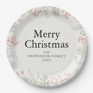 Joy Floral Christmas Wreath Family Custom Name Paper Plate