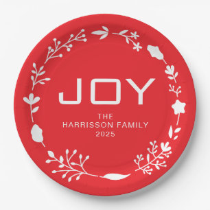 Joy Floral Christmas Wreath Family Custom Name Paper Plate