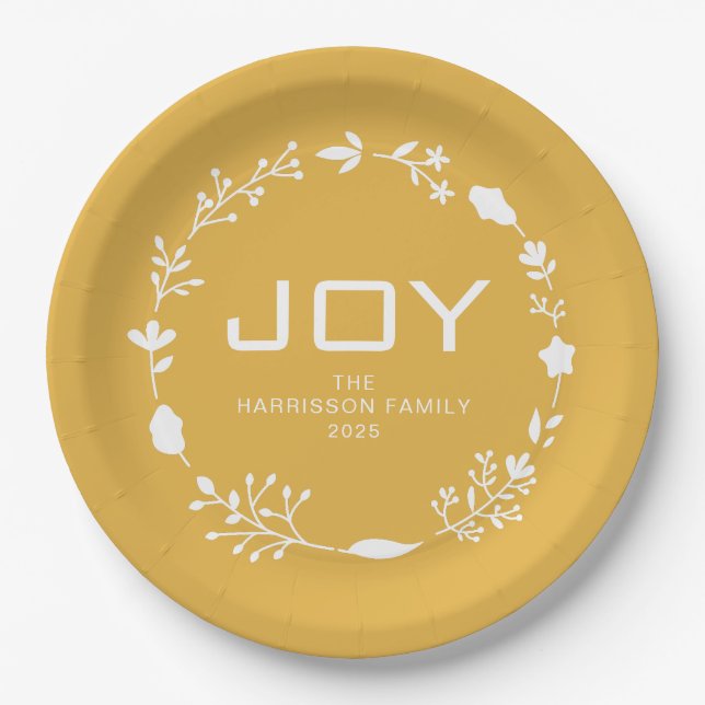 Joy Floral Christmas Wreath Family Custom Name Paper Plate (Front)