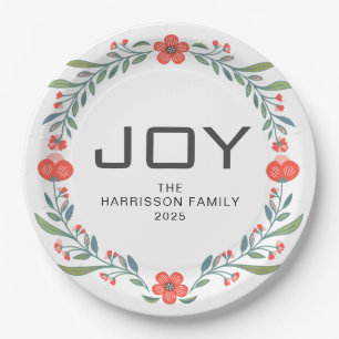 Joy Floral Christmas Wreath Family Custom Name Paper Plate