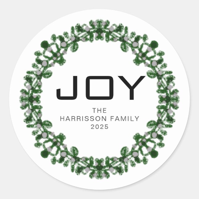 Joy Floral Christmas Wreath Family Name Classic Classic Round Sticker (Front)