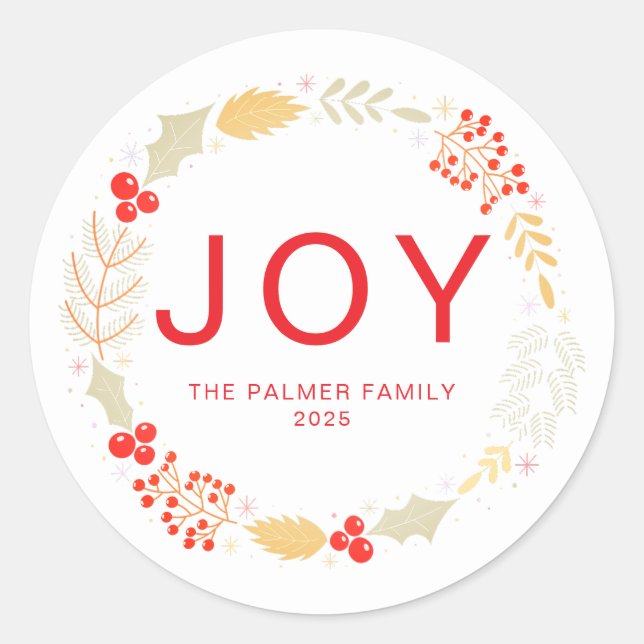 Joy - Floral Christmas Wreath Family Name Classic Round Sticker (Front)