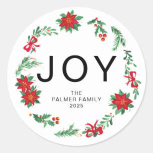Joy - Floral Christmas Wreath Family Name Classic Round Sticker