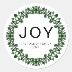 Joy - Floral Christmas Wreath Family Name Classic Round Sticker