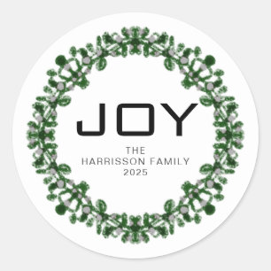 Joy Floral Christmas Wreath Family Name Classic Round Sticker