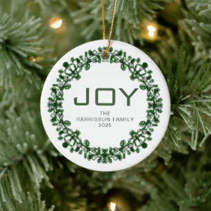 Joy Floral Christmas Wreath Family Name Photo Ceramic Tree Decoration