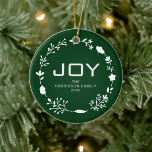 Joy Floral Christmas Wreath Family Name Photo Ceramic Tree Decoration