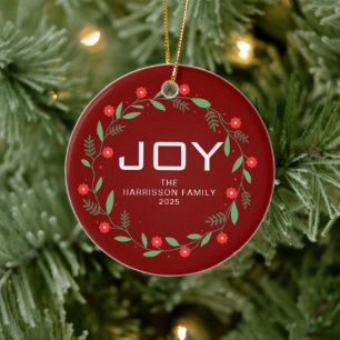 Joy Floral Christmas Wreath Family Name Photo Ceramic Tree Decoration