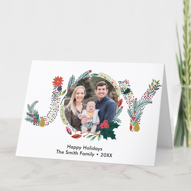 JOY Floral Red Poinsettia Pine Bough Wreath Photo Holiday Card (Creator Uploaded)
