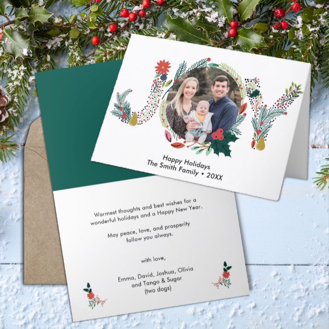 JOY Floral Red Poinsettia Pine Bough Wreath Photo Holiday Card (Creator Uploaded)