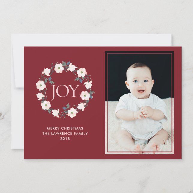Joy Floral Wreath Blush Burgundy Christmas Photo Holiday Card (Front)