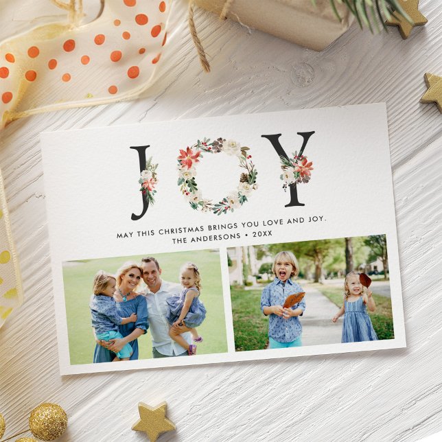 JOY Floral Wreath Holly Berries 2 Photos Christmas Holiday Card (Creator Uploaded)