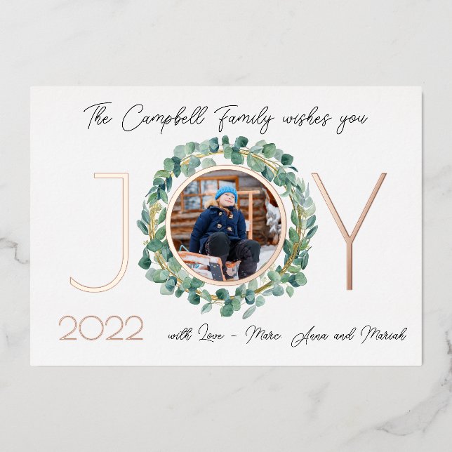 JOY Foil Holiday Card 2-sided w/ Watercolor Wreath (Front)