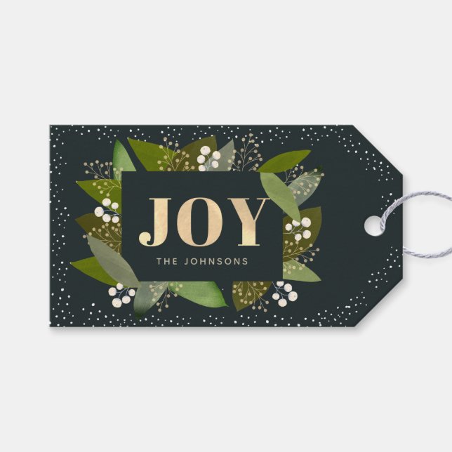 JOY Foliage & Berry Navy Blue Christmas GIft Tag (Front (Horizontal))
