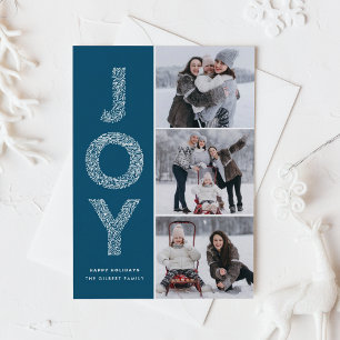 JOY Foliage Lettering Blue Photo Collage Holiday Card