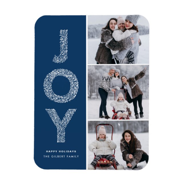 JOY Foliage Lettering Blue Photo Collage Magnet (Vertical)