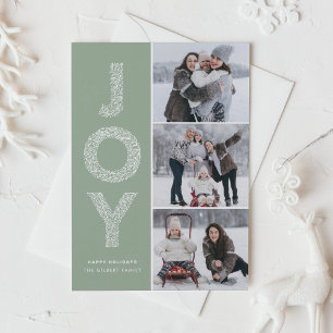 JOY Foliage Lettering Sage Green Photo Collage Holiday Card