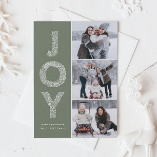 JOY Foliage Lettering Taupe Green Photo Collage Holiday Card